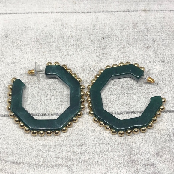 Green jade look big studed hoop earrings dressy trendy statement style. - Picture 2 of 7